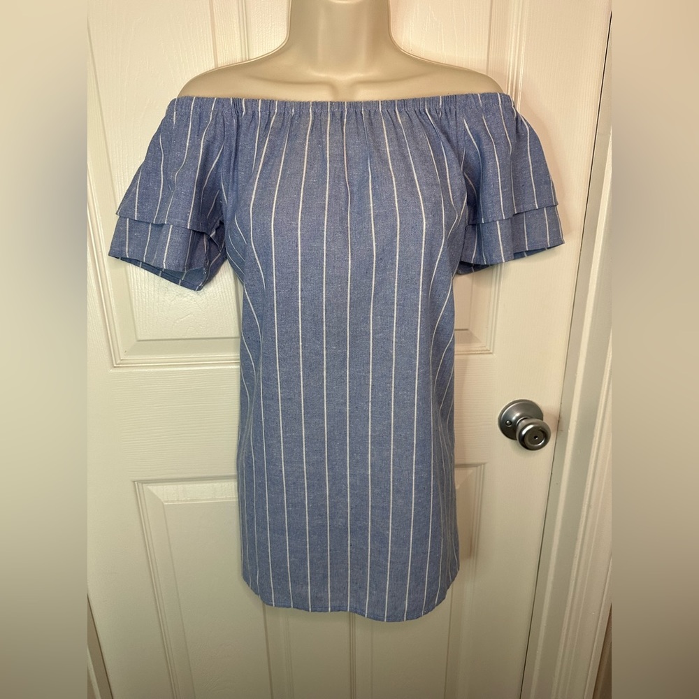 Blue with white stripes off the shoulder dress size medium